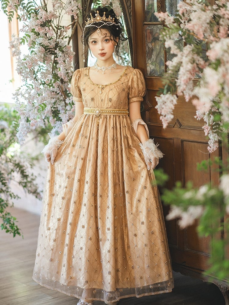 Allover Beaded Design Champagne Diamond Pattern Empire Waist Elegant Lolita One Piece Long/Short Version