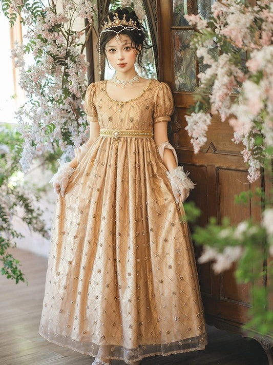 Allover Beaded Design Champagne Diamond Pattern Empire Waist Elegant Lolita One Piece Long/Short Version