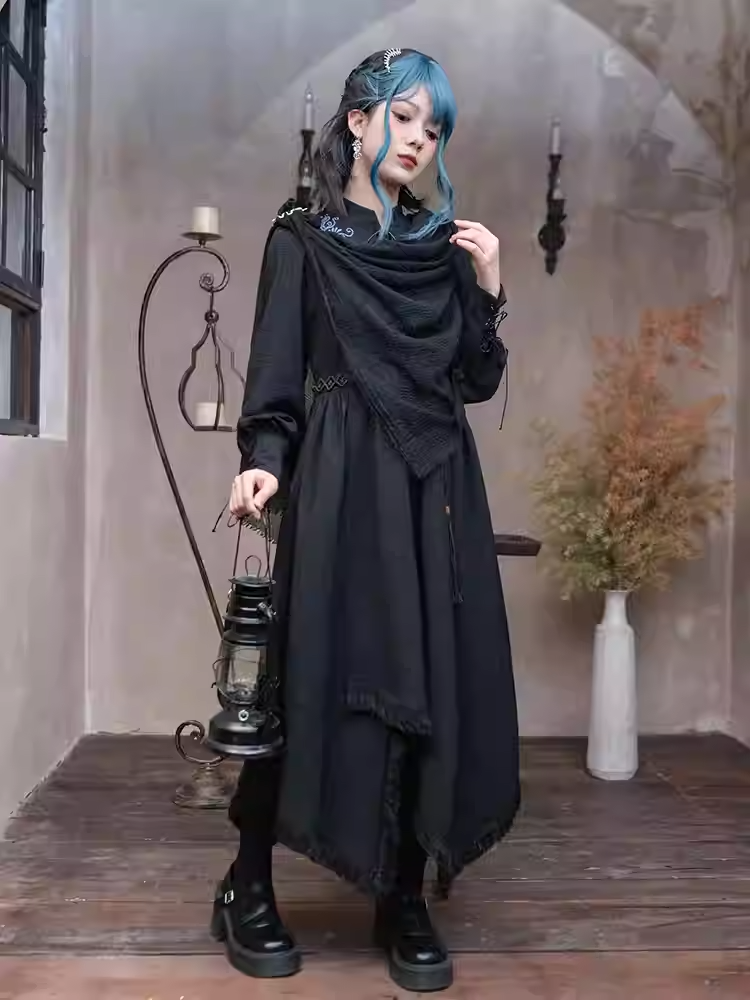 Black Wasteland Punk Raw Hem Vintage Scarf