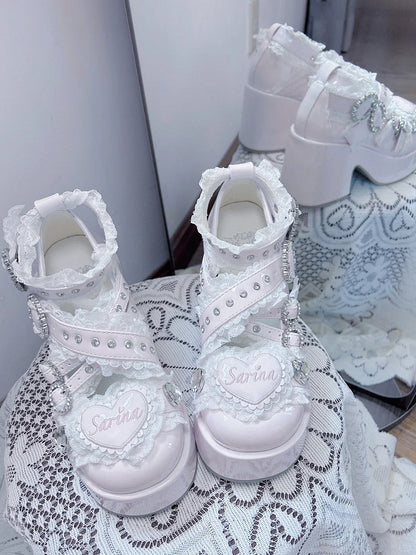 Jirai Kei Pink Platform Heels: Criss-Cross Buckle Straps with Lace & Rhinestone Decor - Chunky High Block Heel