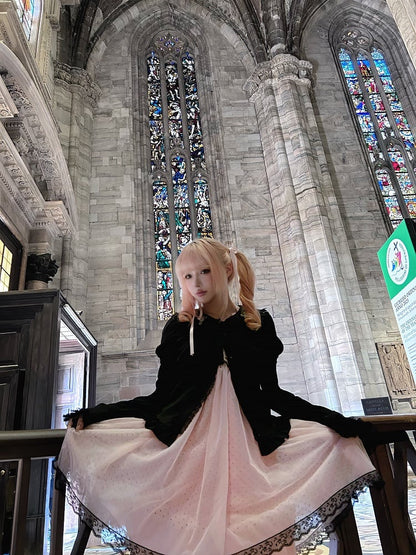 Gyaru Fashion Pink and Black Polka-dot Pattern Lace Trim Self-tie Halter Neck Slip Dress