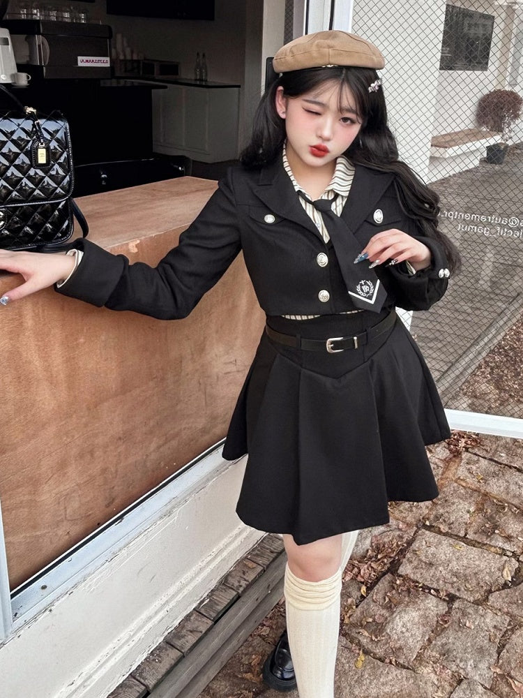 Plus Size - Black Preppy Cropped Blazer Silver-tone Buttons