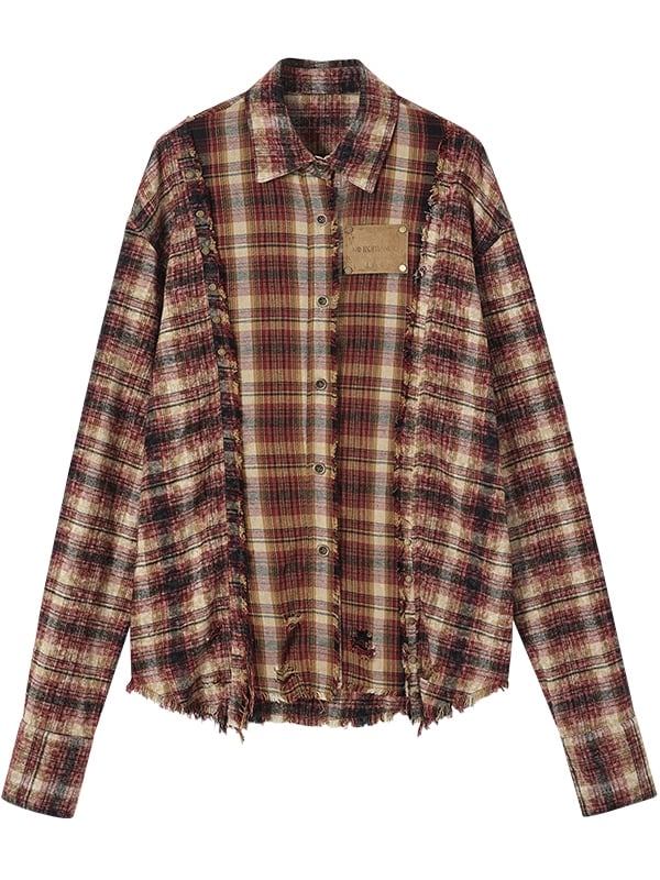 Red and Brown Plaid Punk Faded Wash Shirt Frayed Hem