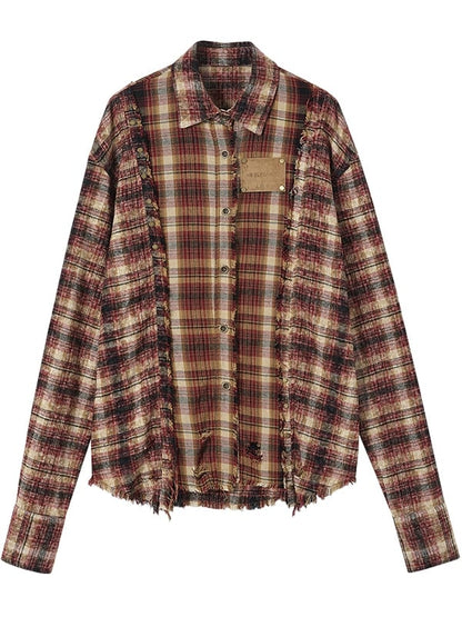 Red and Brown Plaid Punk Faded Wash Shirt Frayed Hem