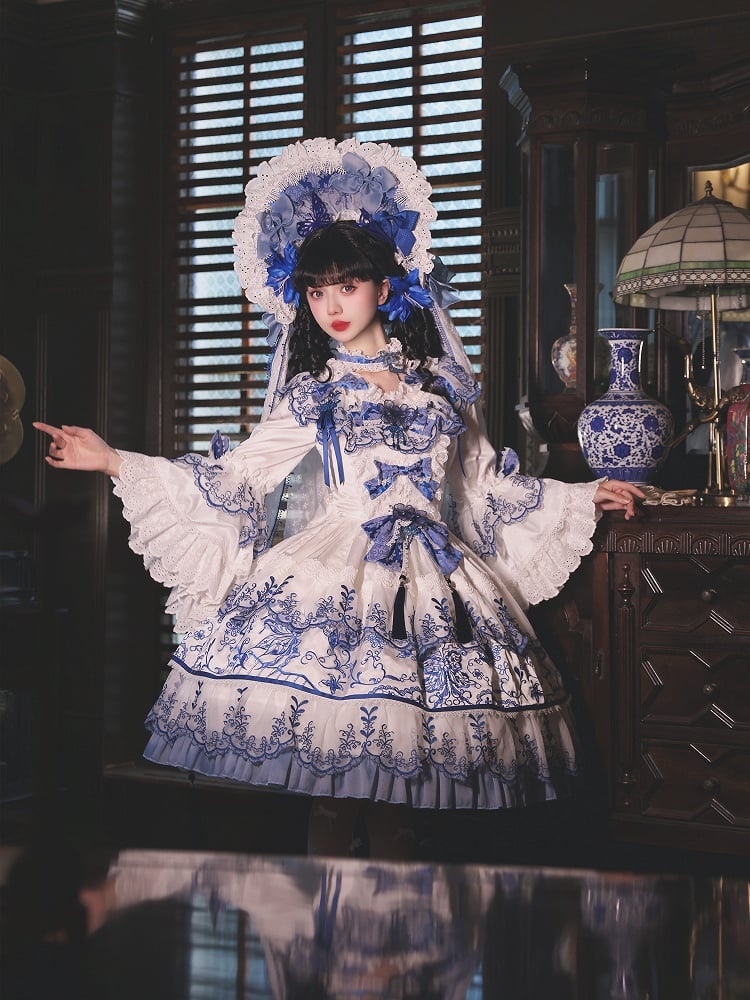 Butterfly Fabric Blue and White Porcelain Embroidery Chinoiserie Style Lolita Dress Short Version