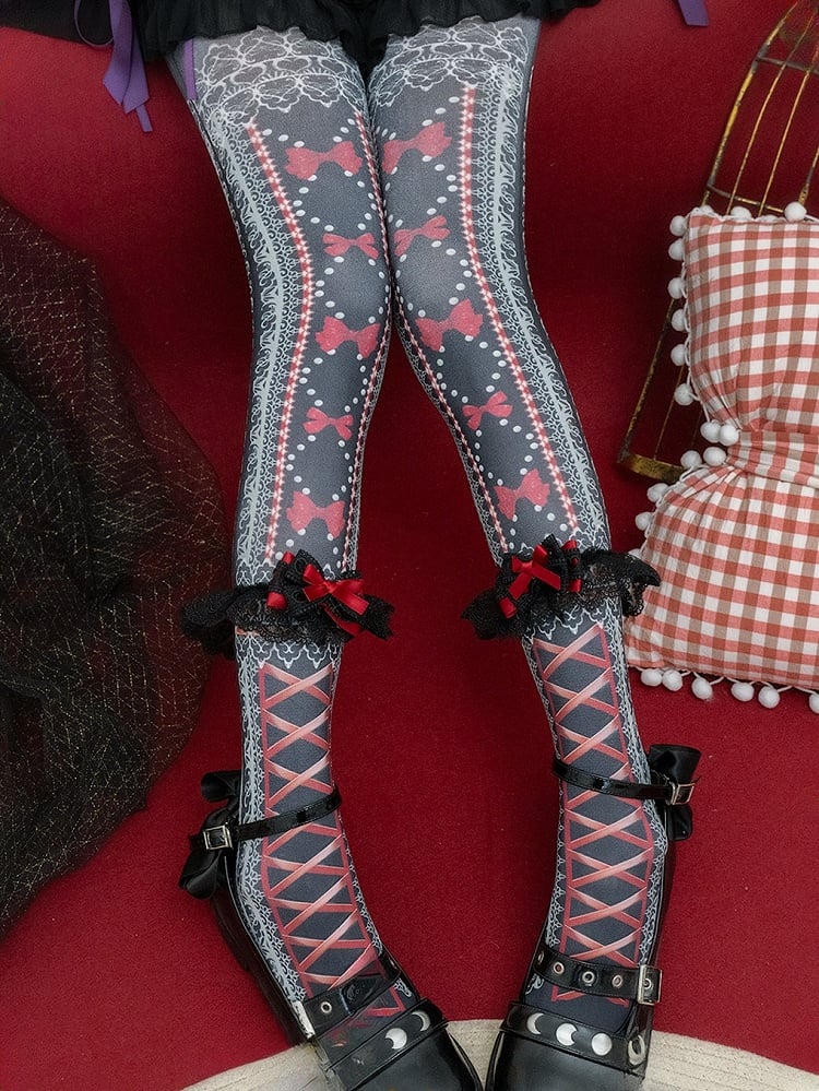 Purple/Pink/Black Lolita Bowknot Heart Print Tights＋Lace Bowknot Cuffs Set