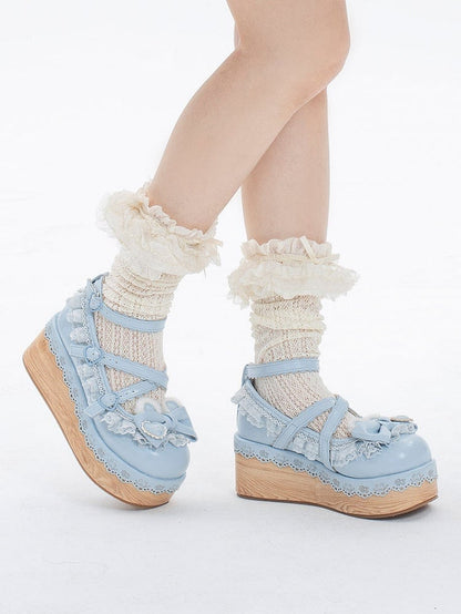 Blue Crisscross Design Bunny Ear Bow at Top Lace Trim Platforms