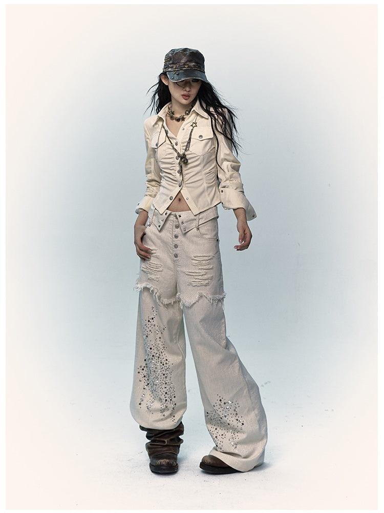 Apricot Wide-Leg Distressed Jeans with Rhinestone Details