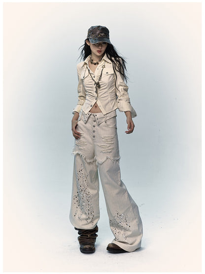 Apricot Wide-Leg Distressed Jeans with Rhinestone Details