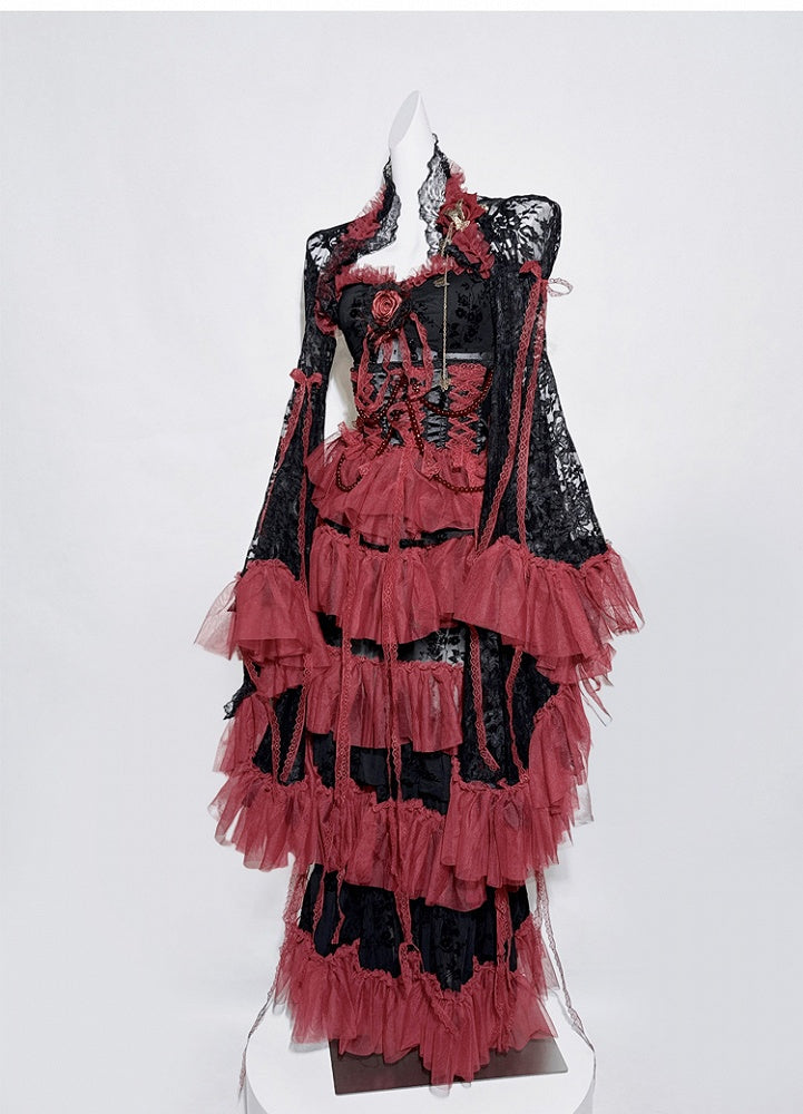 Black&Red Gothic Set- Cami Top+Lace Bell Sleeves Bolero+ Lace-up Detail Beaded Chain Tiered Skirt