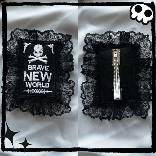 Black Y2K Skeleton And Letter Embroidery Lace Trim Hairclip