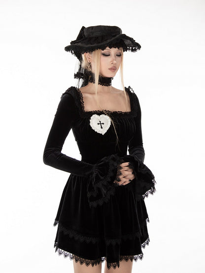 Gothic Black Velvet Off-the-shoulder Neckline Bell Sleeves Dress