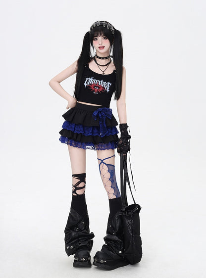 Y2K Contrast Blue Lace Trim Black Elastic Waist Tiered Skirt