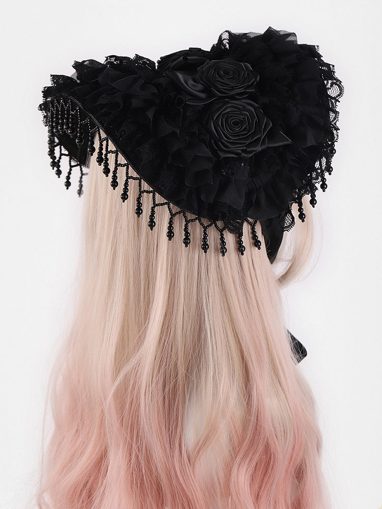Rosette Design Gothic Black Beads Tassels Halloween Hat