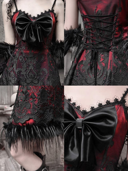 2025 New Year Red New Dress PU Big Bow Bodice Goth Vampire Spaghetti Straps Dress