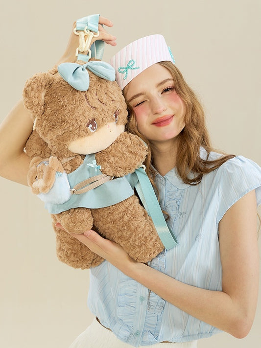 Kawaii Brown & Blue Bear Plush Backpack / Crossbody