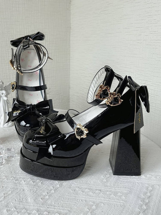 Black Bow Accents High Block Heel Platform High Heels