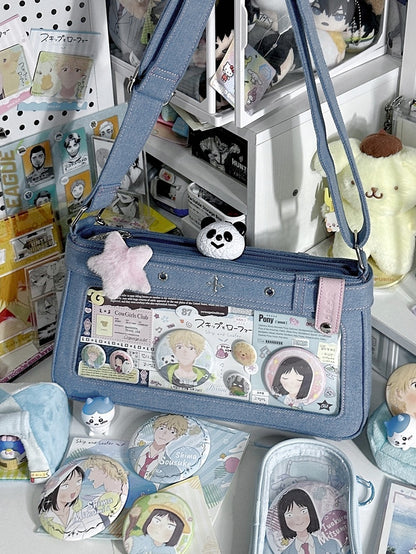 Blue Cross Design Denim Ita Bag with Detachable Chain