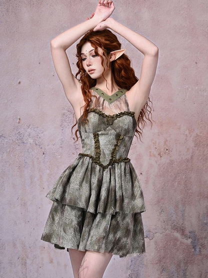 Halter Neck Light Green Basque Waist Forest Fairy Tie-dyed Dress