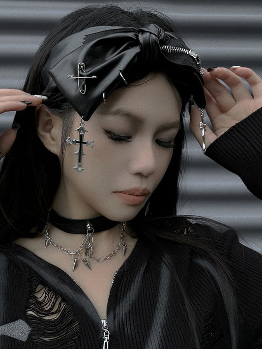 Gothic Punk Black Cross Charms Zipper Design PU Bowknot KC