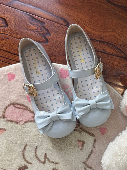 Sky Blue Bow at Top Sweet Lolita Flats with Hugging Bear Heart Buckles