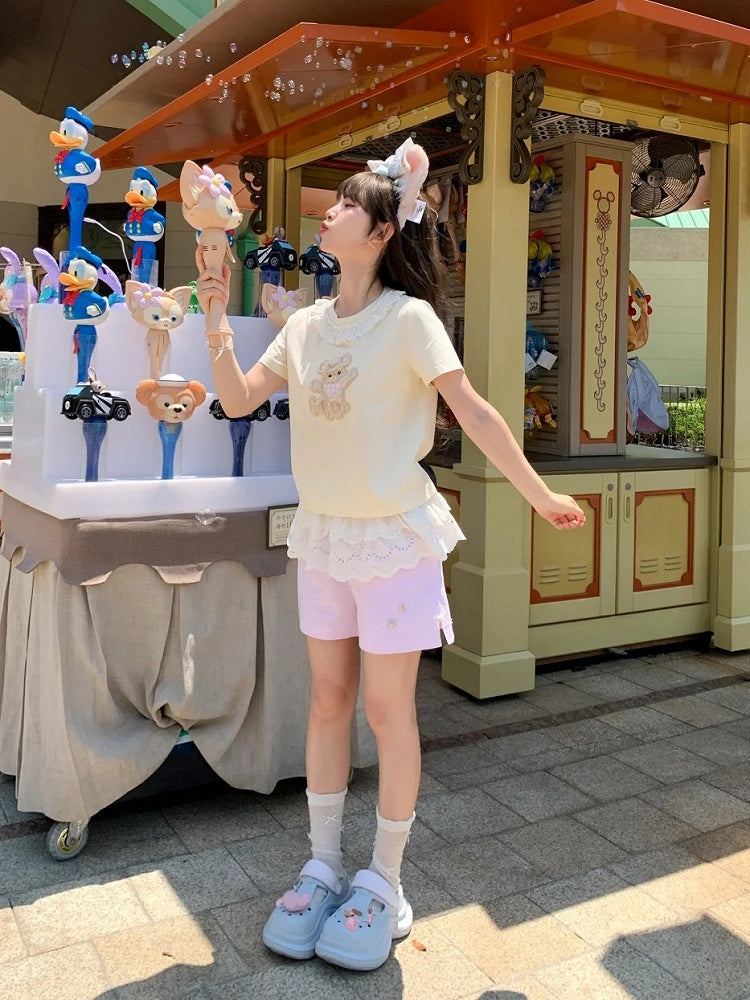 Plush Bear Applique Apricot Lace Trim Neckline T-shirt