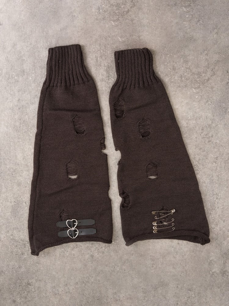 PU Buckles Dark Gray Gothic Distressed Holes Leg Warmers