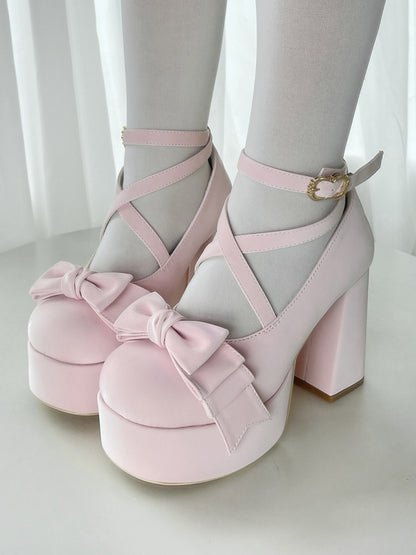 Crisscross Ankle Strap Pink Bow at Top 11cm High Heels