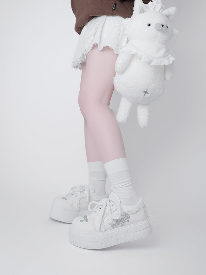 Letter Print, Raw Hem Details & Secure Lace Closure White Platforms in Otaku Style
