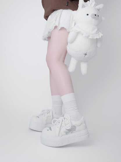 Letter Print, Raw Hem Details & Secure Lace Closure White Platforms in Otaku Style