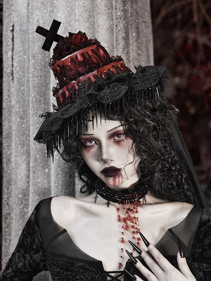 Black and Red Halloween Goth Hat with Detachable Veil