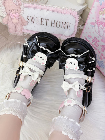 Cute Bear Black Flats in PU - 3cm Flat Heel with Bow Details & Romantic Hearts