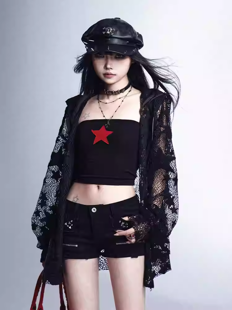 Black Low Waist Studded Glamorous Shorts with Zippers Detail