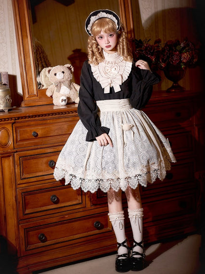 Clearance-Size S for Bust 88CM Beige Ruffle Neckline Black High Waist Long Balloon Sleeves Lolita Dress Short Version