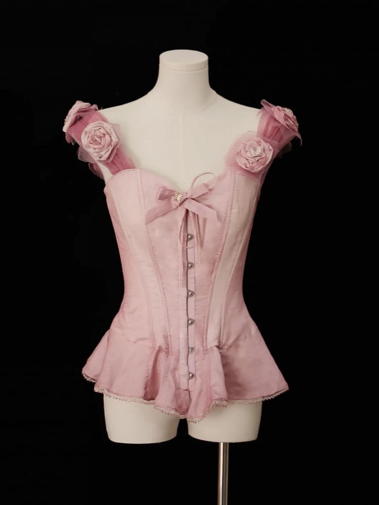 Pink Flounce Hem Boned Corset Top with Detachable Floral Adornments