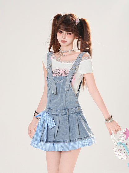 Blue Plaid Hem and Bowknot Box Pleat Adjustable Straps Denim Overall Dress