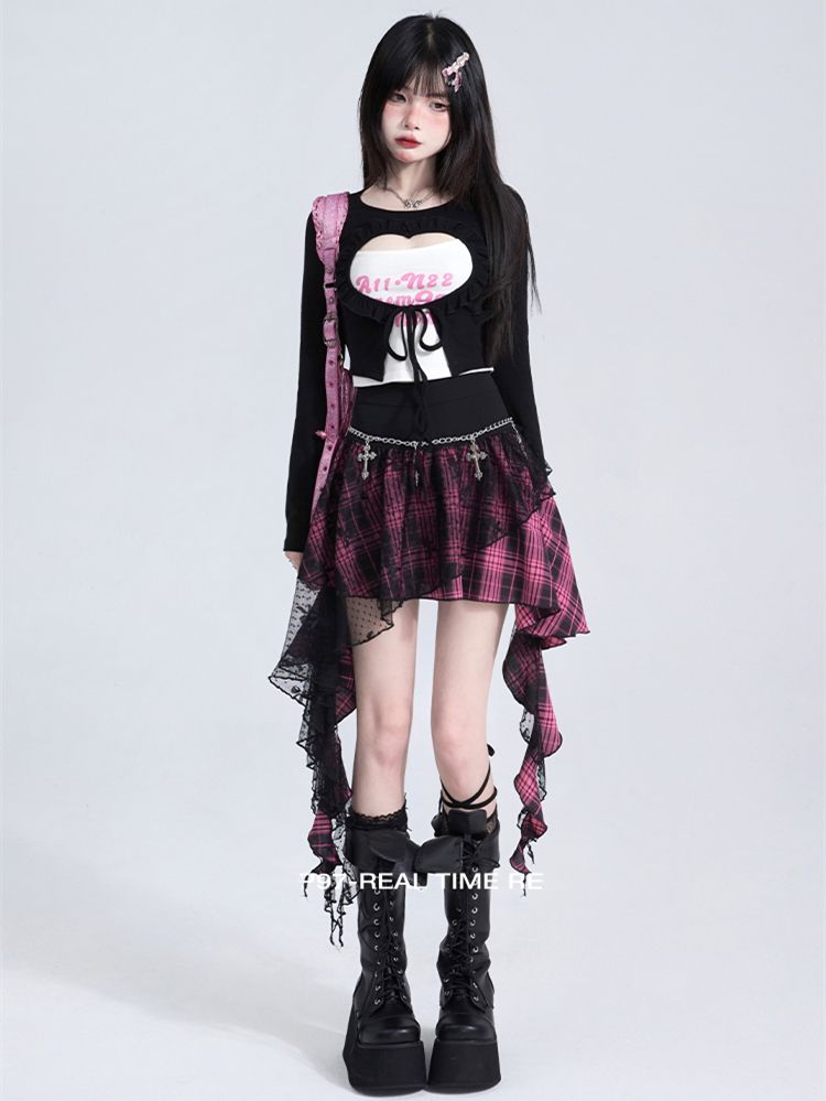 Lace Panel Irregular Hem Plaid Skirt Black and Red/Black and Pink Music Festival Outfits