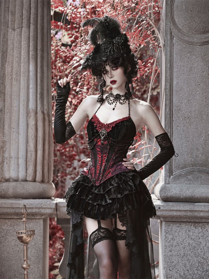 Victorian Goth Spiderweb Lace Wine Red Vampire Boned Corset