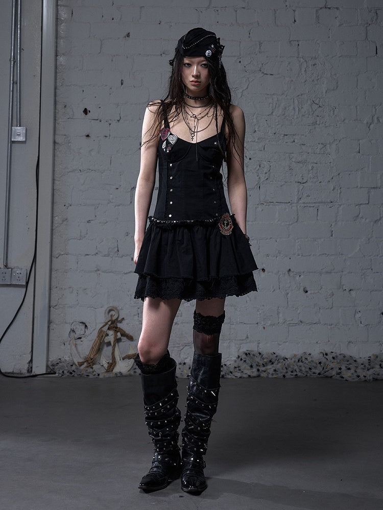 Black/White Dropped Waist Stud Details Raw Hem Punk Cami Dress