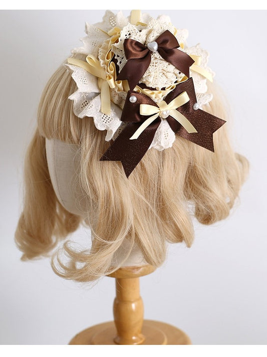 Yellow&Brown Sweet Lolita Beaded Decorated Bowknot Details Mini Hat