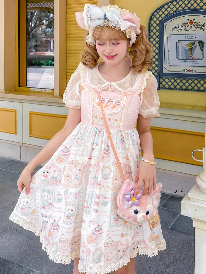 Pink Flutter Sleeves Kitten and Cake Print Sweet Lolita Dress Jumper Skirt