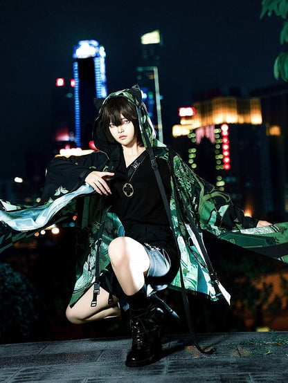 Black Ouji Fashion Buckle Strap V-neck Techwear T-shirt