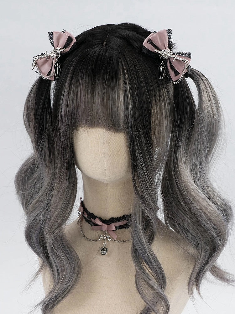 5 Colors Coffin Charm Gothic Cross Jirai Kei Bowknot Hairclips with Chain