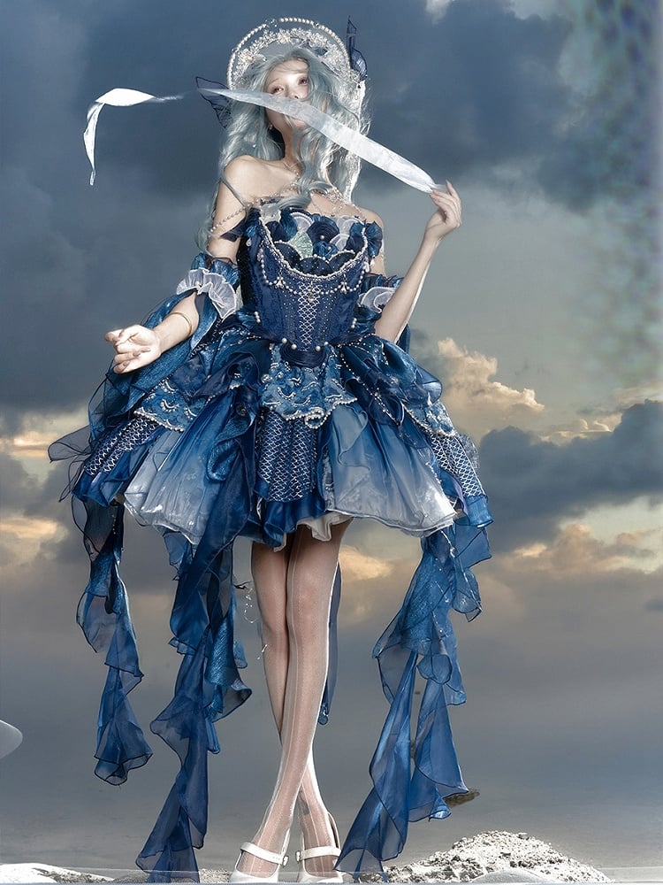Deep Sea Blue Bead and Sequins Details Cascading Ruffle Accents Princess Lolita JSK Full Set