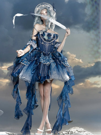 Deep Sea Blue Bead and Sequins Details Cascading Ruffle Accents Princess Lolita JSK Full Set
