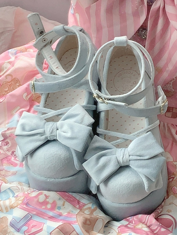 Platform Blue Sweet Mary Janes for Lolita with Bow Decor, Crossed Straps & Romantic Clasp