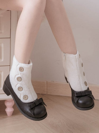 Fleece Lining with Button Embellishments & Functional Inner Zip Design 4cm/6cm Black & White Winter Boots in Elegant Lolita