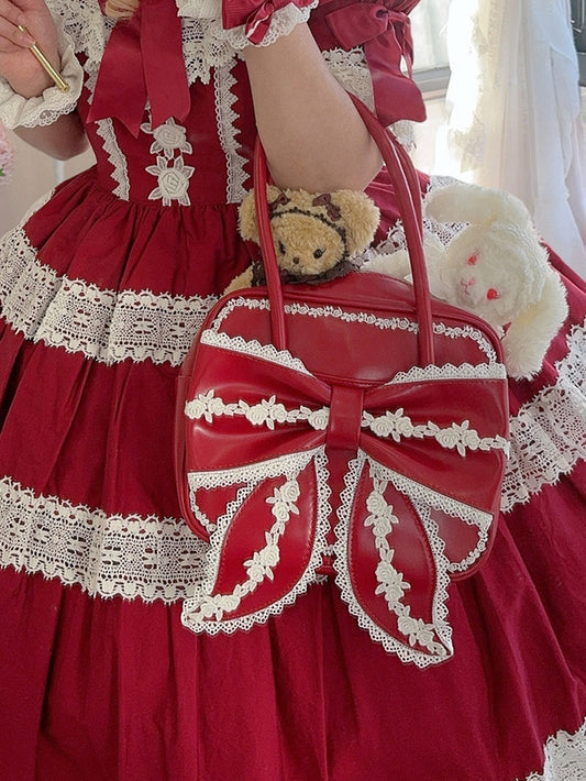 Red Square Lolita PU Shoulder Bag with Contrasting White Lace Trims and Front Statement Bow (3 Types of Lace)