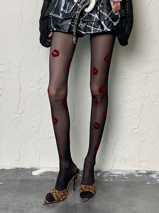 Black/Red Gothic Lips Print Tights