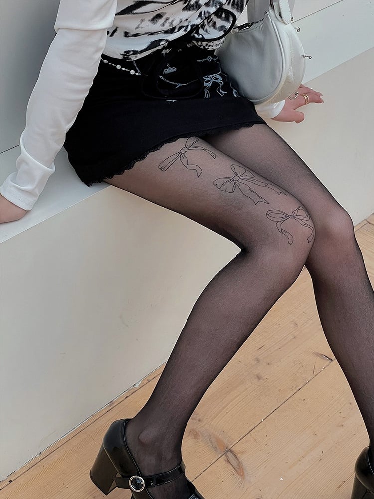 Black/Nude Semi-sheer Bowknot Print Pantyhose